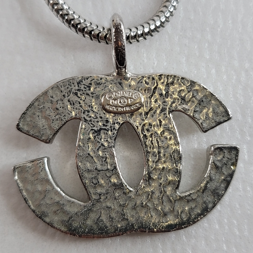 CHANEL CC Logo Rhinestone Silver Tone Necklace - Picture 7 of 10